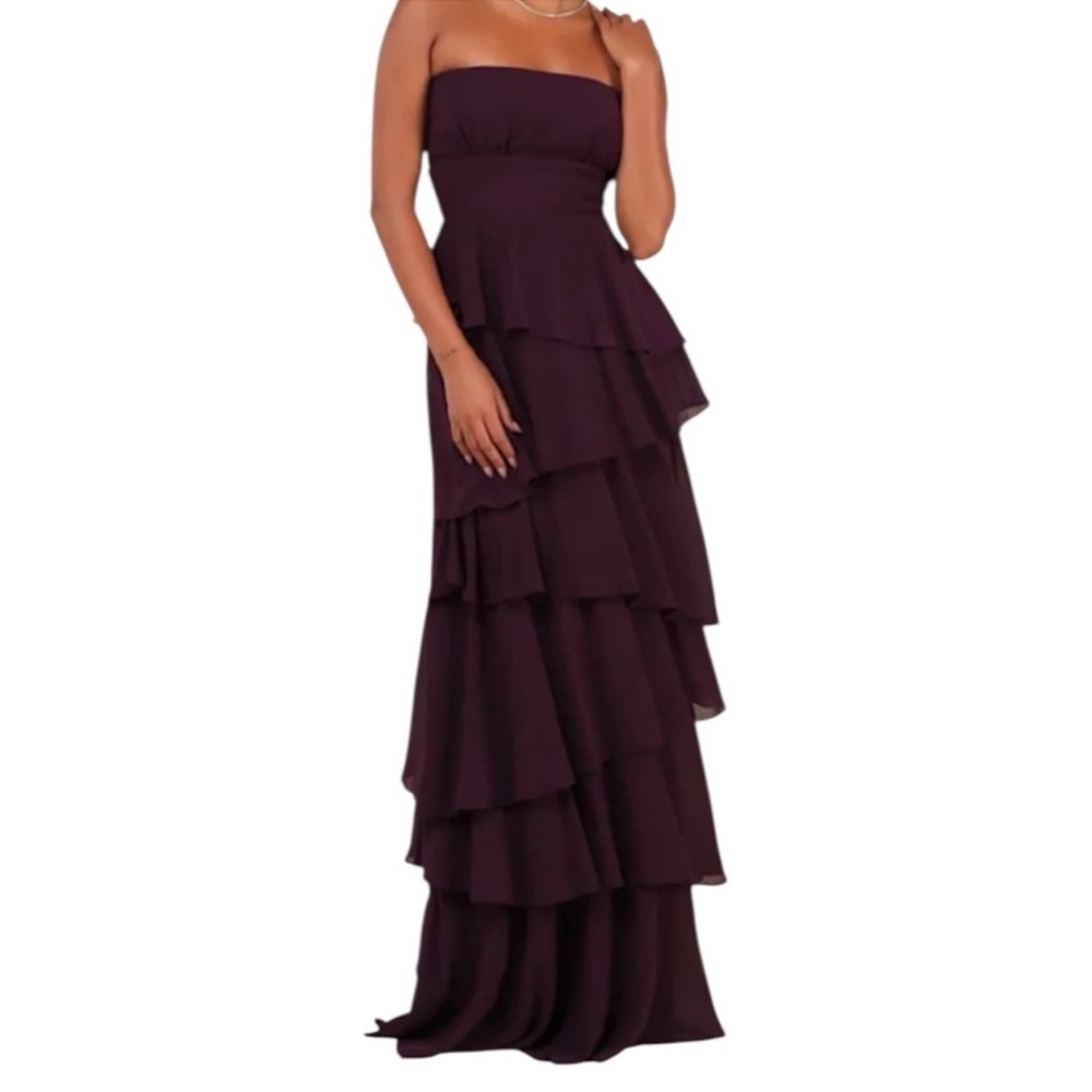 Lulus Gorgeous Essence Dark Purple Strapless Tiered Maxi Dress size small
